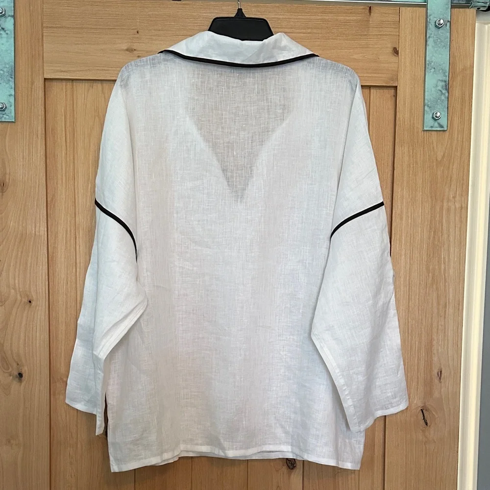 Tory Burch Linen Tunic Shirt White w/ Brown Contrast Taping Size S NWOT - Picture 7 of 9